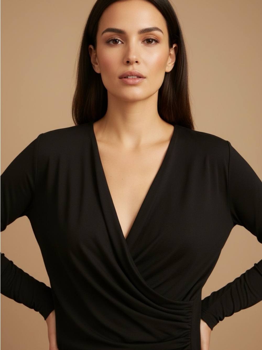 Alice + Olivia AIR Black Draped Wrap Top Long Sleeve Stretch Jersey Size S